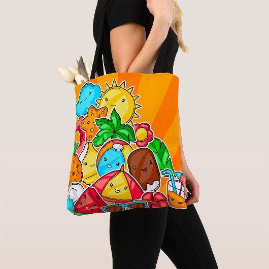 Tote Bag Kawaii Dessins Estivaux Plage Ensoleillée et Tropi