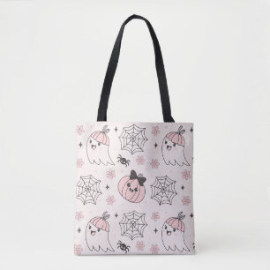 Tote Bag Kawaii Motif d'Halloween rose avec Ghost, Citrouil