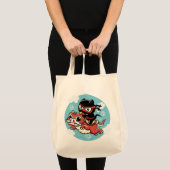 Tote Bag Kawaii Ninja Chat à cheval sur un Dragon Rouge (Devant (produit))
