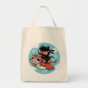 Tote Bag Kawaii Ninja Chat à cheval sur un Dragon Rouge