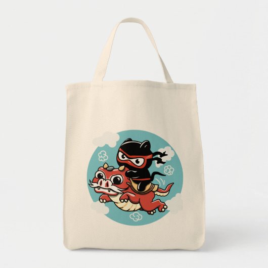 Tote Bag Kawaii Ninja Chat à cheval sur un Dragon Rouge (Devant)