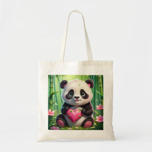 Tote Bag Kawaii Panda tient le coeur dans une forêt de Bamb