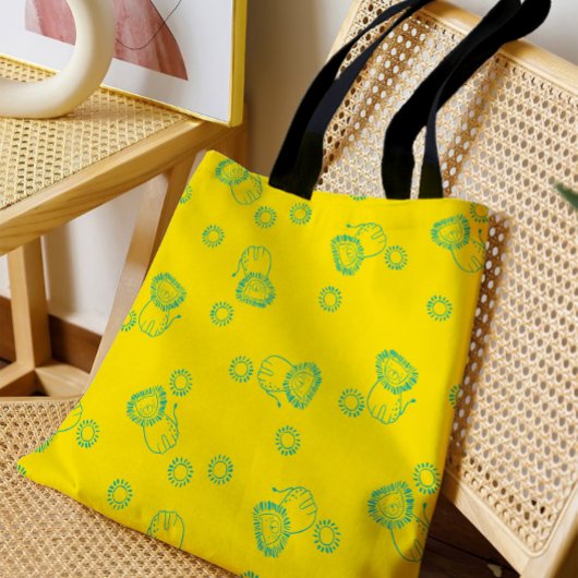 Tote Bag Kawaii Teal Lions & Sunshine – Cute Pattern