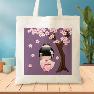 Tote Bag Kimonon rose Kawaii Poupée Kokeshi sur fond violet