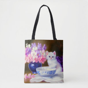 Tote Bag Kitten blanc vintage avec ruban violet