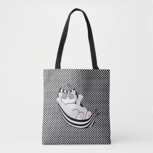 Tote Bag Kitty chat sur motif d'échecs noir et blanc (Devant)