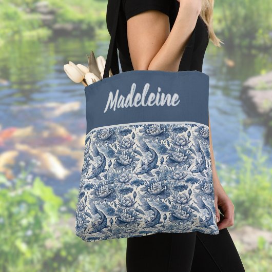 Tote Bag Koi Fish and Water Lily Blue Chinoiserie Monogram