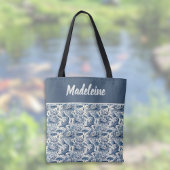 Tote Bag Koi Fish and Water Lily Blue Chinoiserie Monogram