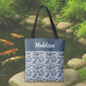 Tote Bag Koi Fish and Water Lily Blue Chinoiserie Monogram