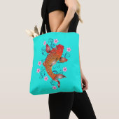 Tote Bag Koi poisson oriental orange turquoise floral éléga (De près)