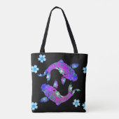 Tote Bag Koi poisson oriental yin yang noir violet fleuri (Dos)