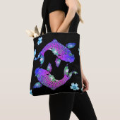 Tote Bag Koi poisson oriental yin yang noir violet fleuri (De près)