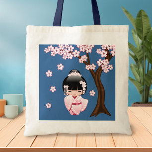 Tote Bag Kokeshi Doll au kimono rose sur fond bleu