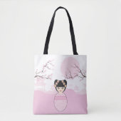 Tote Bag Kokeshi Doll in Pink on Typical Japanese Landscape (Devant)
