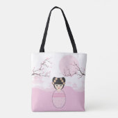 Tote Bag Kokeshi Doll in Pink on Typical Japanese Landscape (Dos)