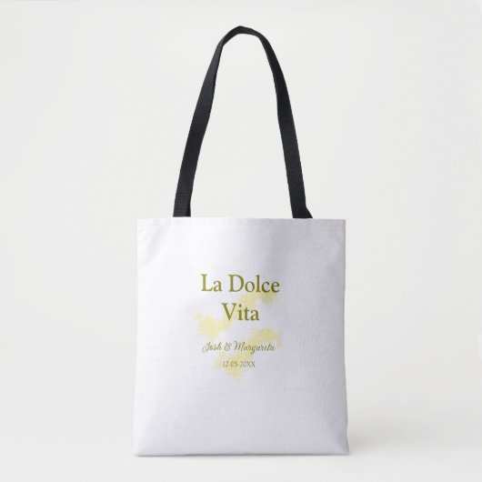 Tote Bag La Dolce Vita jaune mariage couple Nom date glit (Devant)