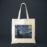 Tote Bag La nuit étoilée par Vincent van Gogh<br><div class="desc">La nuit étoilée est une huile sur toile peinte par le peintre néo-impressionniste Vincent van Gogh. Peint en juin 1889,  il dépeint la vue depuis la fenêtre est de sa chambre d'asile à Saint-Rémy-de-Provence,  juste avant le lever du soleil,  avec l'ajout d'un village imaginaire.</div>