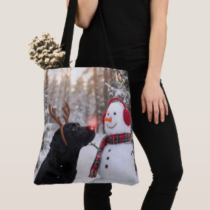 Tote Bag Labrador Retriever noir de Noël avec un bonhomme d