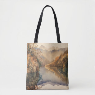 Tote Bag Lac de montagne automnal à l'aquarelle de luxe