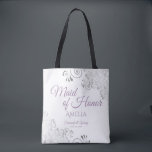 Tote Bag Lacy Silver & Lavender Maid of Honor White Mariage<br><div class="desc">Ce beau sac fourre-tout est conçu comme un cadeau, une faveur, ou un sac de swag pour votre mariage Maid of Honor. Le design sobre et élégant présente des contours gris argenté ornés dans les coins avec des lettrages de script violet lavande fantaisie. Il y a de la place pour...</div>