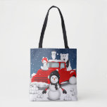 Tote Bag Laisser neiger<br><div class="desc">This design feobjets the nostalgia of a vintage red truck with some Arctic animals and a snowman in a wintry scene.</div>