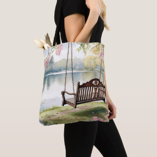 Tote Bag Lakeside Swing dans le jardin d'aquarelle romantiq
