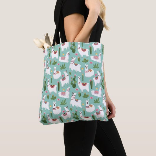 Tote Bag Lamas mignons sur le motif turquoise (De près)