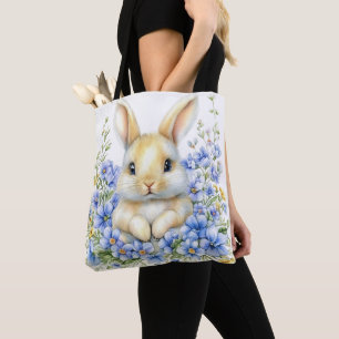 TOTE BAG LAPIN ADORABLE AVEC FLEURS DE PÂQUES BLEUES