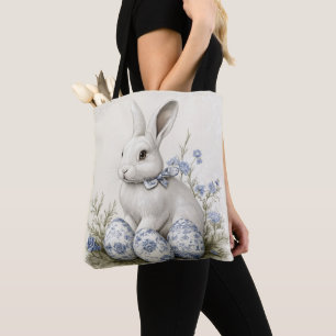 TOTE BAG LAPIN BLANC MIGNON ET ŒUFS DE PÂQUES BLEUS