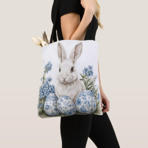TOTE BAG LAPIN BLANC MIGNON ET ŒUFS DE PÂQUES BLEUS