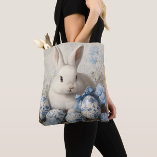 TOTE BAG LAPIN BLANC MIGNON ET ŒUFS DE PÂQUES BLEUS