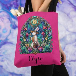 Tote Bag Lapin de Pâques en verre coloré rose fantaisiste