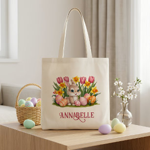 Tote Bag Lapin de Pâques Tulipe Jonquille Chasse aux œufs