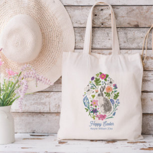 Tote Bag Lapin et fleurs de Pâques personnalisés