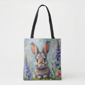 Tote Bag Lapin Fluffy dans un champ de fleurs (Devant)