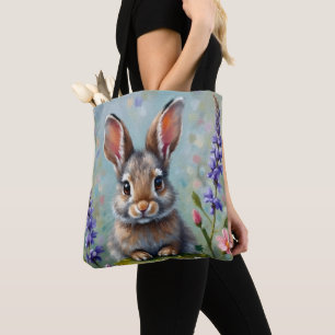 Tote Bag Lapin Fluffy dans un champ de fleurs