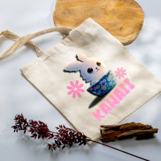 Tote Bag lapin kawaii dans un bol décoré de fleurs