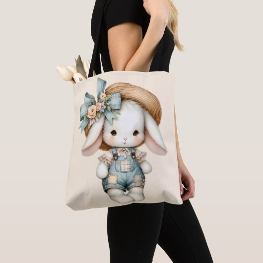 Tote Bag Lapin mignon dans les couloirs avec Casquette pail (De près)