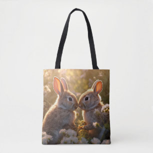 Tote Bag Lapins Adorables dans la Prairie de Printemps Desi