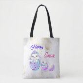 Tote Bag Lapins de Pâques joyeux couleur coquille d'oeuf (Devant)