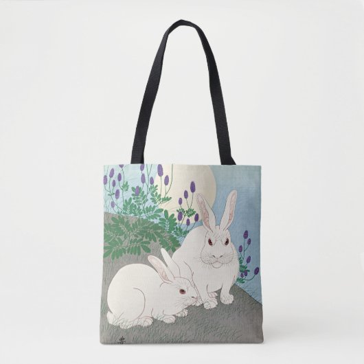 Tote Bag Lapins en Pleine lune par Ohara Koson, (Devant)