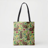 Tote Bag Lapins et fleurs sauvages sur le vert miel (Devant)