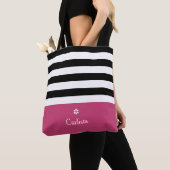 Tote Bag Large Black Horizontal Stripes Dark Rose Nom Faisy (De près)