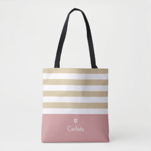 Tote Bag Large Tan Horizontal Stripes rose Nom et marguerit