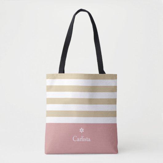 Tote Bag Large Tan Horizontal Stripes rose Nom et marguerit (Devant)