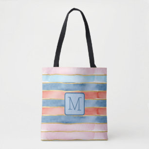 Tote Bag Larges Rayures Aquarelle Bloc de Couleur Monogramm