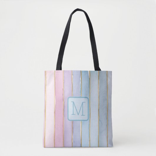 Tote Bag Larges Rayures Verticales Bleu Bloc de Couleur Mon (Devant)