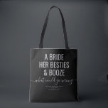 Tote Bag Las Vegas Bachelorette Amusante Mariée Besties Boo<br><div class="desc">Funny Black and Grey Las Vegas Bachelorette sac fourre-tout personnalisé avec "A bride, her besties, and booze ... qu'est-ce qui pourrait aller mal?" citation drôle dans une grande police moderne tendance avec accent script de calligraphie et texte personnalisé pour l'occasion, la date, et l'emplacement. Toutes les couleurs et les polices...</div>