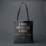 Tote Bag Las Vegas Bachelorette Amusante Mariée Besties Boo<br><div class="desc">Funny Black and Grey Las Vegas Bachelorette sac fourre-tout personnalisé avec "A bride, her besties, and booze ... qu'est-ce qui pourrait aller mal?" citation drôle dans une grande police moderne tendance avec accent script de calligraphie et texte personnalisé pour l'occasion, la date, et l'emplacement. Toutes les couleurs et les polices...</div>