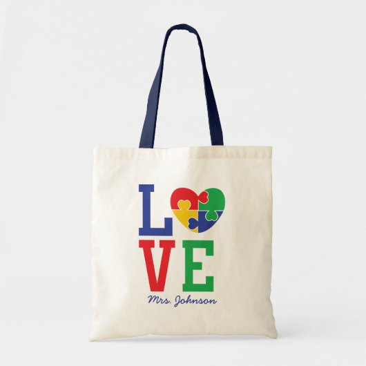 Tote Bag L'autisme | Cute Puzzle Piece Enseignant de coeur (Devant)